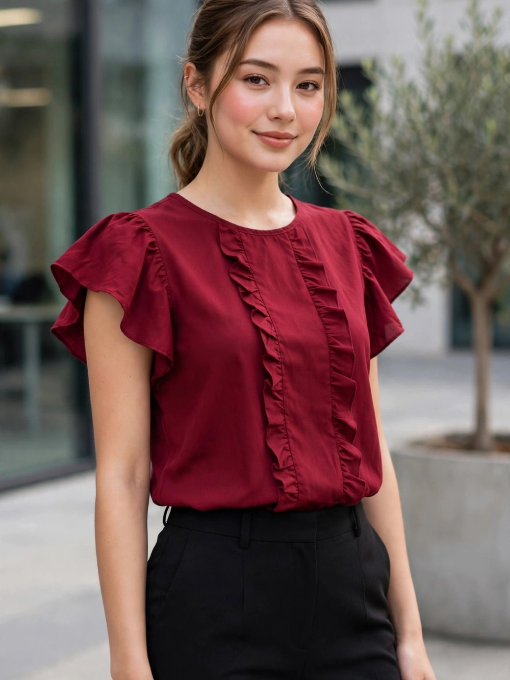 SHEIN Red Ruffle Cap Sleeve Blouse